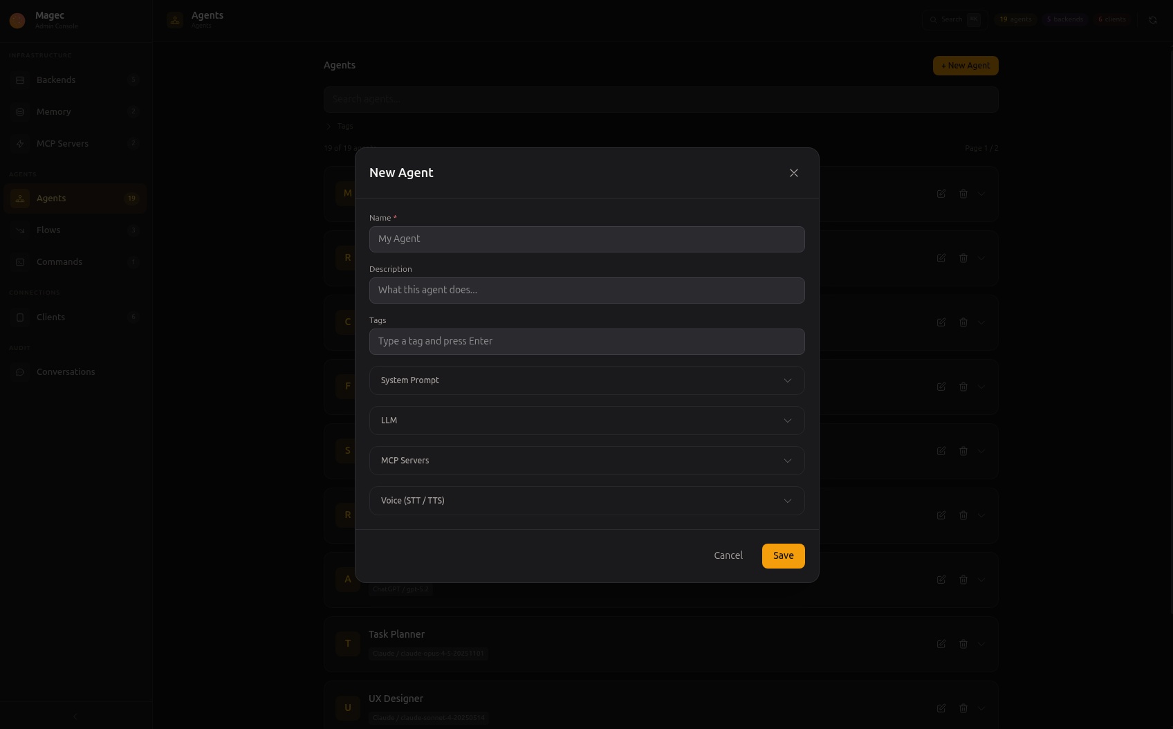 Admin UI — New Agent dialog