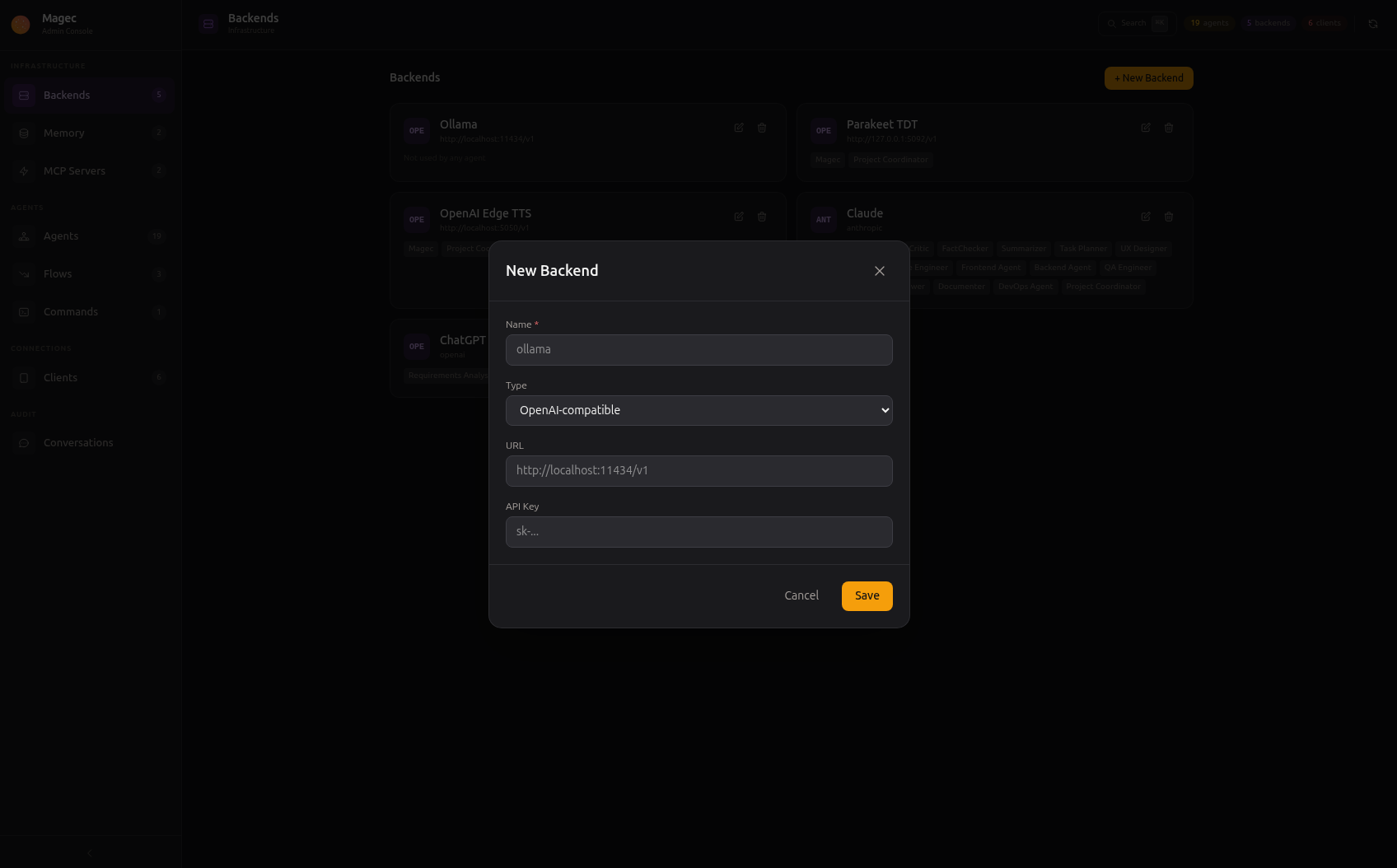 Admin UI — New Backend dialog