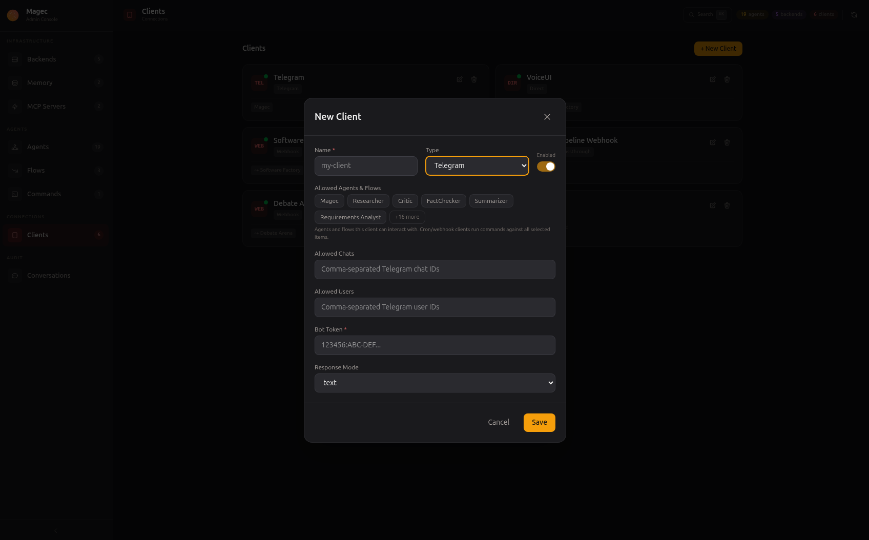 Admin UI — Telegram client