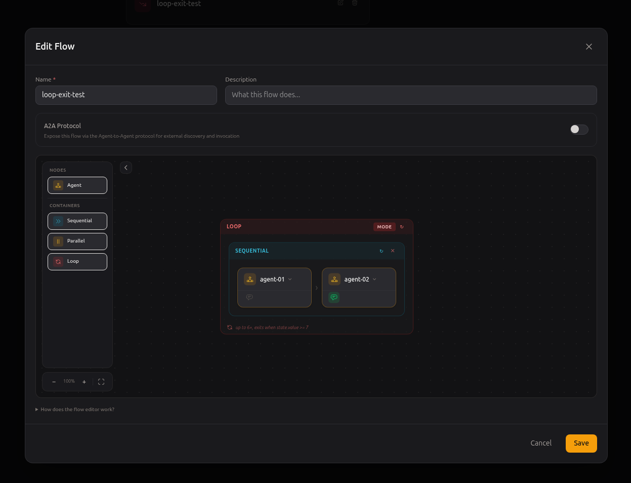 Admin UI — Mode button on a loop step
