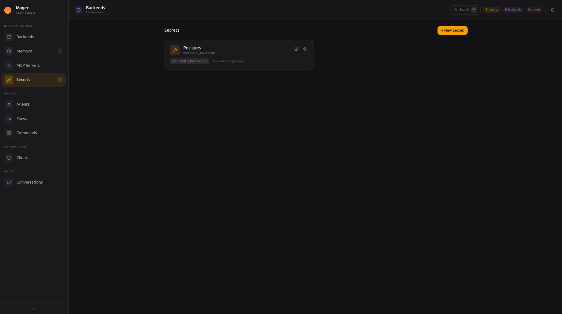 Secrets list showing one existing secret