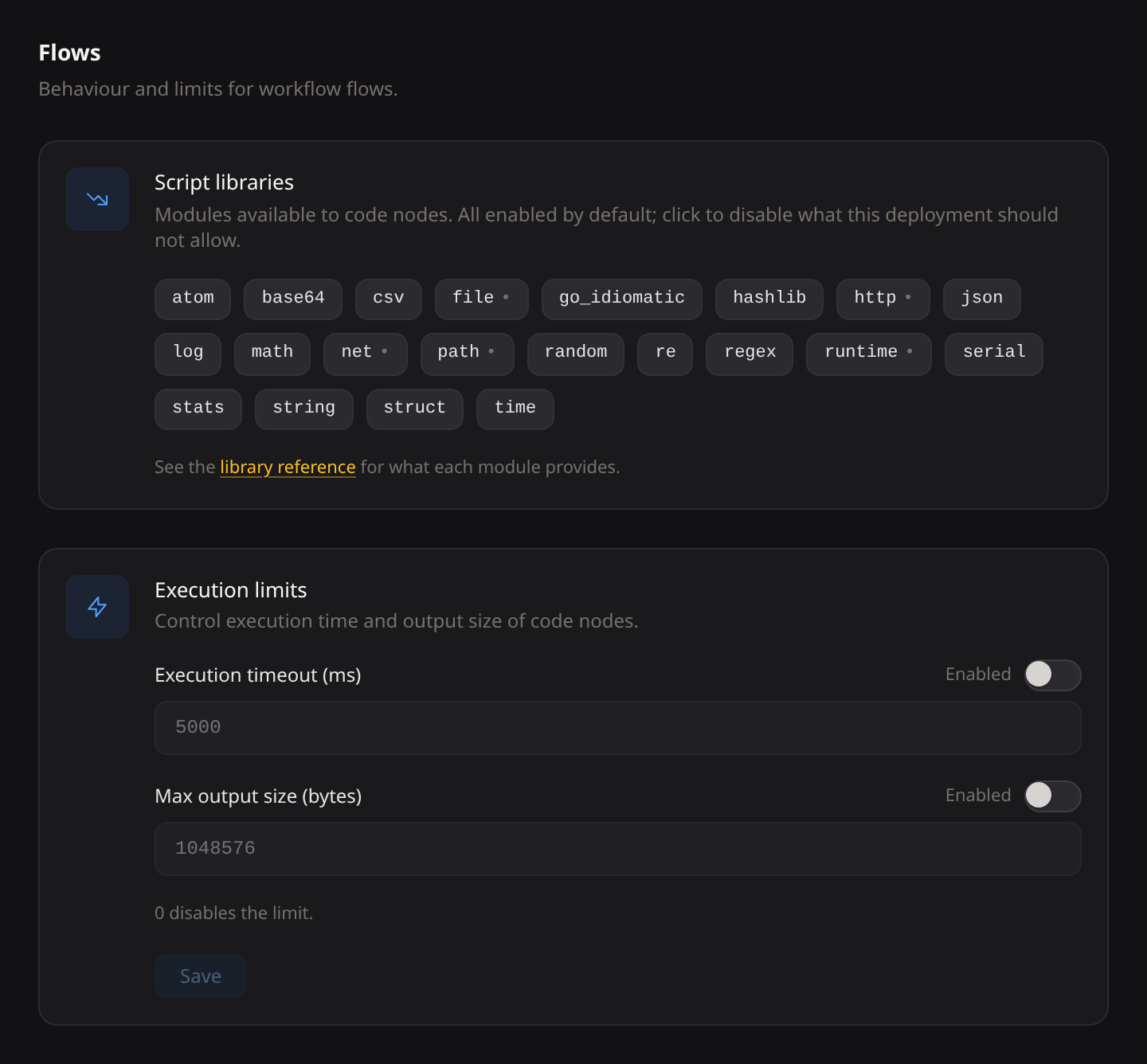 Flows settings: script libraries and execution limits