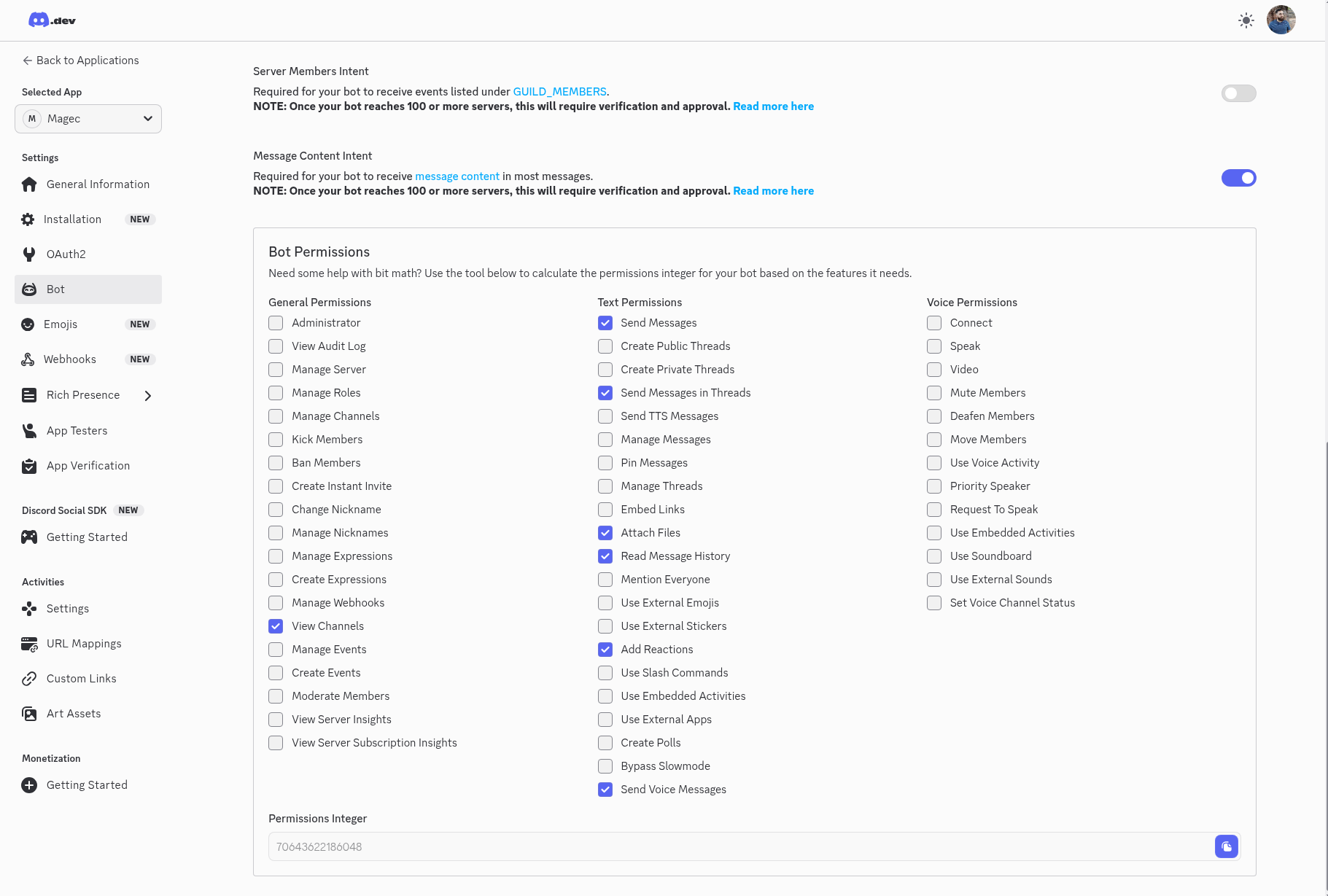 Discord Developer Portal — Bot permissions and Message Content Intent